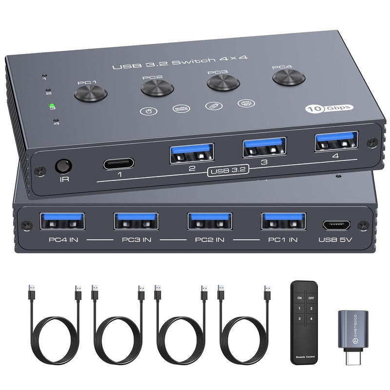 PVBCTCSID 10Gbps USB 3.2 Switch 4 Computers Share 4 Peripherals 4 Port USB Switcher for Mouse Keyboard Printer with Remote and Cables - Image 1